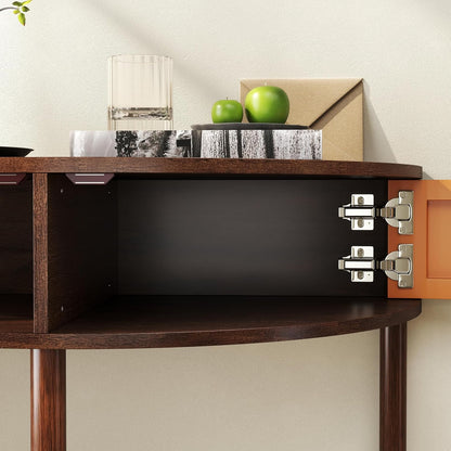 Knocbel Half Moon Console Table with Wave-Pattern Door, Semi-Circle Sofa End Table with 2 Storage Drawers and Bottom Shelf for Entryway Living Room, 31.5" W x 15.75" D x 32.3" H, Brown