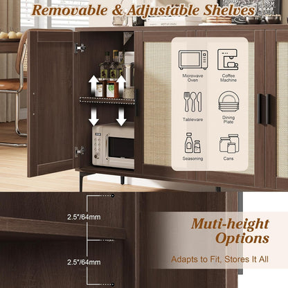 JASIWAY Buffet Cabinet with Storage, 48" Rattan Sideboard with Adjustable Shelves, Modern Coffee Bar Cabinet Console Table with Doors, Credenza for Kitchen, Living Room, Entryway, Dining Room, Walnut