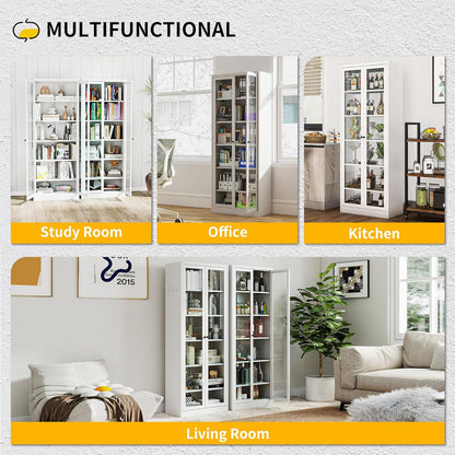 Kitchen Pantry Cabinet, 72" Tall Pantry Storage Cabinet with Adjustable Shelves and Glass Doors, Metal Storage Cabinets with Handle for Living Room, Kitchen, Assemble Required (White)