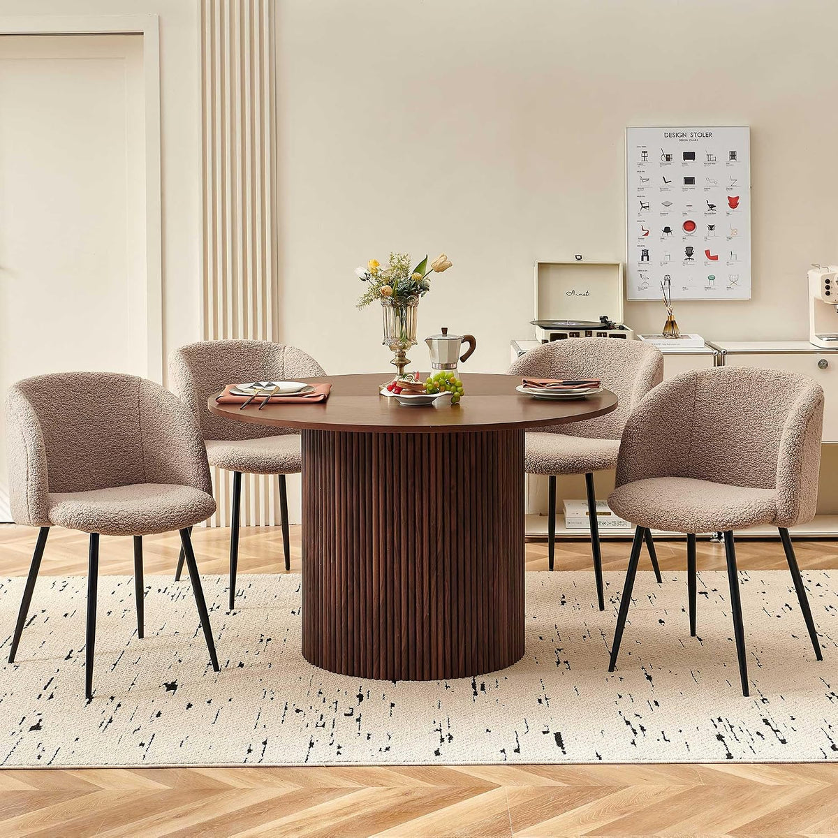 Homedot 47" Round Kitchen Dining Table Walnut for 4 with Veneer Tabletop | Farmhouse Dinner Table Fluted| Two-Part Tabletop| Rustic Circle Dining Table with Wooden Strip Base for Dining Living Room