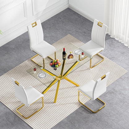 Modern Dining Table for 4 People, 47" Rectangle Dining Room Table with Gold Chrome Metal X-Base, Rectangular Tempered Glass Dining Table, Kitchen Dining Room Tables Luxury Dinner Table