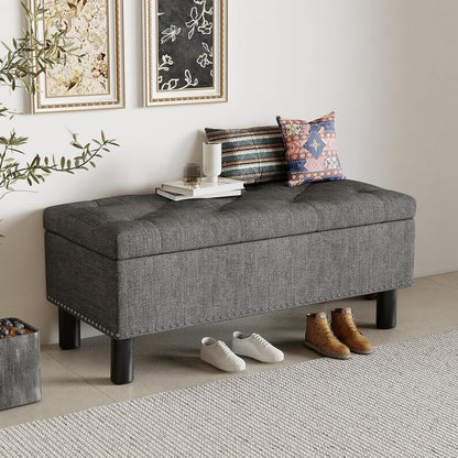 Furniliving 42" Ottoman with Storage, End of Bed Bench with Button-Tufted Large Upholstered Ottoman Entryway Bench Storage Bench for Bedroom, Living Room, Linen, Grey