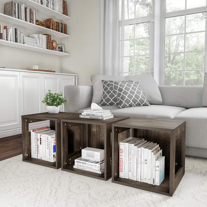 Lavish Home Side Table with Storage - Set of 2 Minimalist Modern Nightstand or End Table with Open Sides - Stackable Modular Accent Table for Bedroom, Living Room, or Office (Gray Woodgrain)