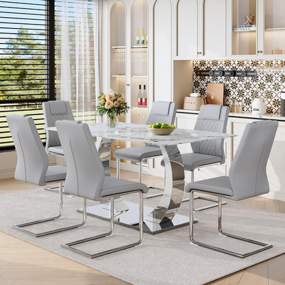 Modern Dining Table Set for 6,63'' Dining Room Table Set for 6 with Chairs,Rectangular Kitchen Table with Faux Marble Tabletop and DIY Chrome Legs,Glass Dining Table Set Ideal for Dining Room