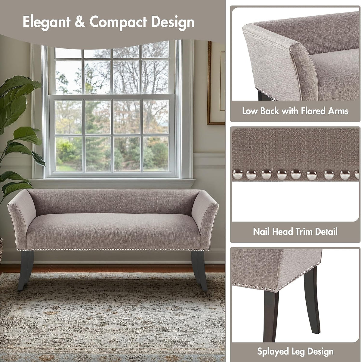 Madison Park Accent Bench, Upholstered with Nailhead Trim, & Padded Seat Entryway Bench Small, End of Bed Bench with Back, 49.5" W x 19.25" D x 23" H, Grey
