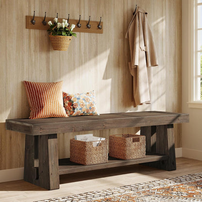 63'' Solid Wood Entryway Bench with Open Shelves, 2-Tier End of Bed Bench, Farmhouse Wooden Bench Indoor for Dining Room, Living Room, Hallway, Bedroom