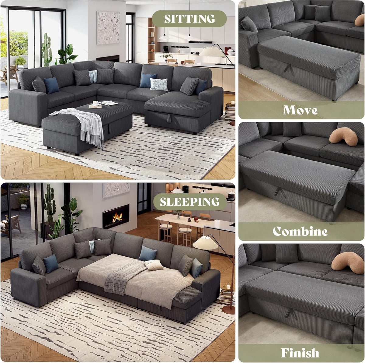 130" Sectional Couches for Living Room, Modular Sectional Sofa, Grey | Sofa Converts to Sleeper, Throw Pillows