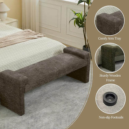 WUTUTUEE 58.7" End of Bed Bench Upholstered Modern Bedroom Bench for Living Room & Entryway, Easy Assembly, Footrest Ottoman Accent Window Bench with Solid Wood Frame & Curved Arm, Brown