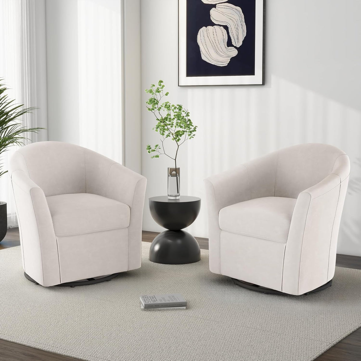 Swivel Accent Chair, Upholstered Velvet Barrel Armchair, Modern Round Single Sofa Seating Comfy Reading Corner Chairs for Living Room Bedroom, Fully Assembled (Velvet Ivory, Set of 2)