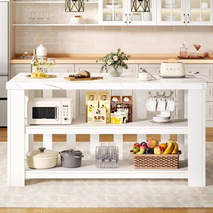 DynJest Kitchen Island with Storage, 55 Inch Large Faux Marble Prep Worktop | Kitchen Island with Power Outlet &3-Tier Shelves, Rest Area, Coffee Bar Cabinet With Wide Legs for Kitchen Dining Room, White
