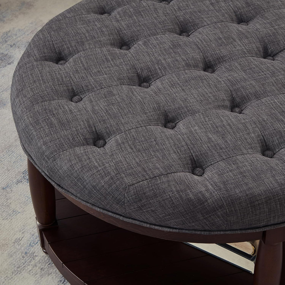 RENSGO 32.5" Large Round Upholstered Tufted Linen Ottoman Coffee Table, Large Footrest Ottoman with Wood Shelf Storage- Dark Grey