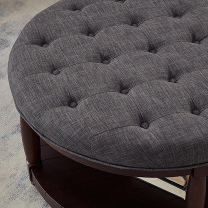 RENSGO 32.5" Large Round Upholstered Tufted Linen Ottoman Coffee Table, Large Footrest Ottoman with Wood Shelf Storage- Dark Grey