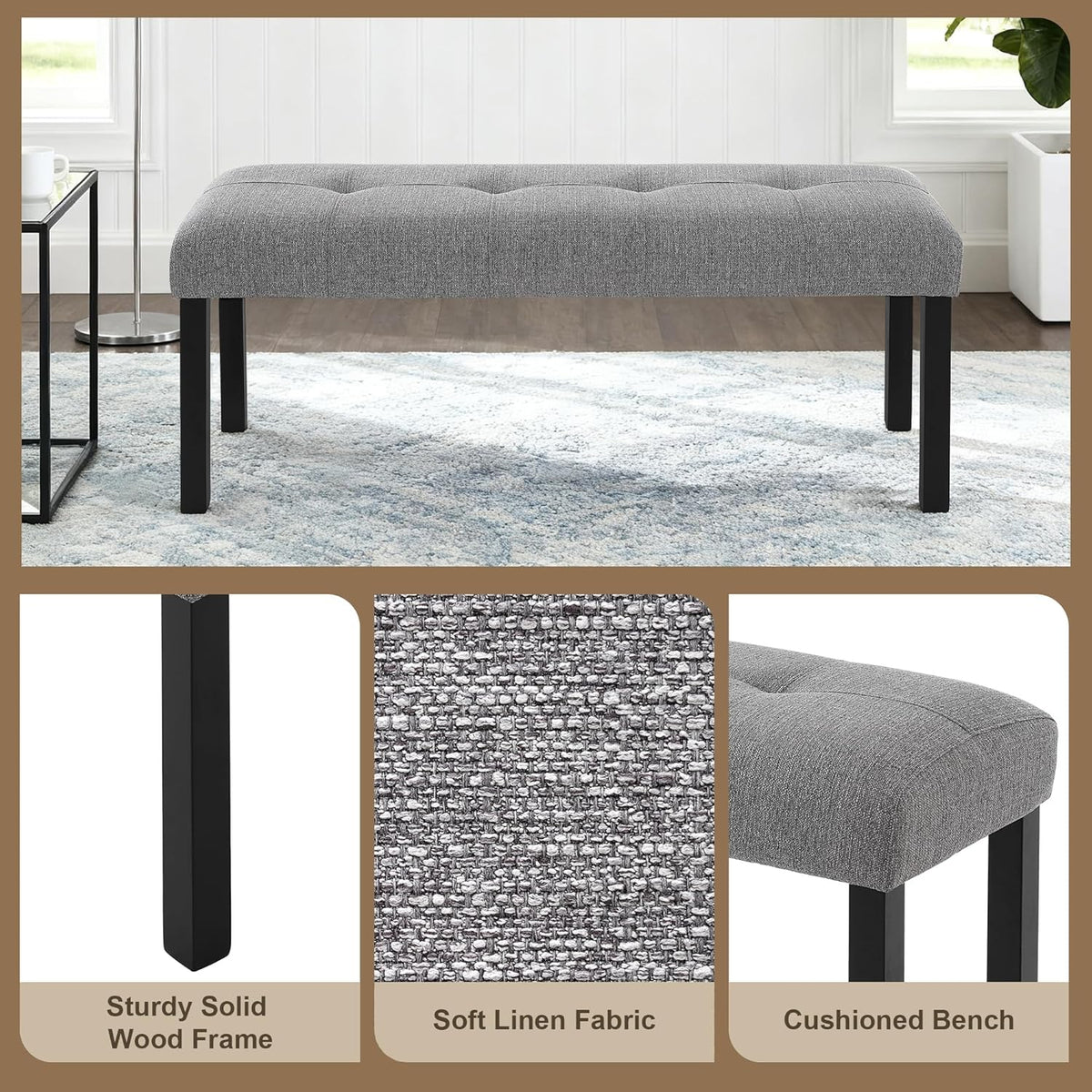 GDFStudio Upholstered Dining Bench with Tufted Linen Seat and Rubber Wood Frame, Modern Entryway Bench Seating for Kitchen Bedroom Living Room, Comfortable Padded Bench, Gray