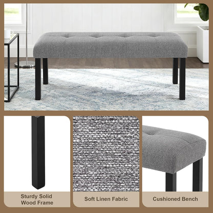 GDFStudio Upholstered Dining Bench with Tufted Linen Seat and Rubber Wood Frame, Modern Entryway Bench Seating for Kitchen Bedroom Living Room, Comfortable Padded Bench, Gray