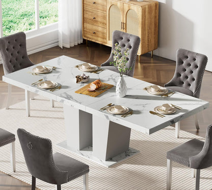 78.74" Extendable Dining Table for 6 8 10 Person, Modern White Faux Marble Expandable Kitchen Table with Dual Column Pedestal, Large Rectangle Wooden Expanding Table for Kitchen Dining Conference Room