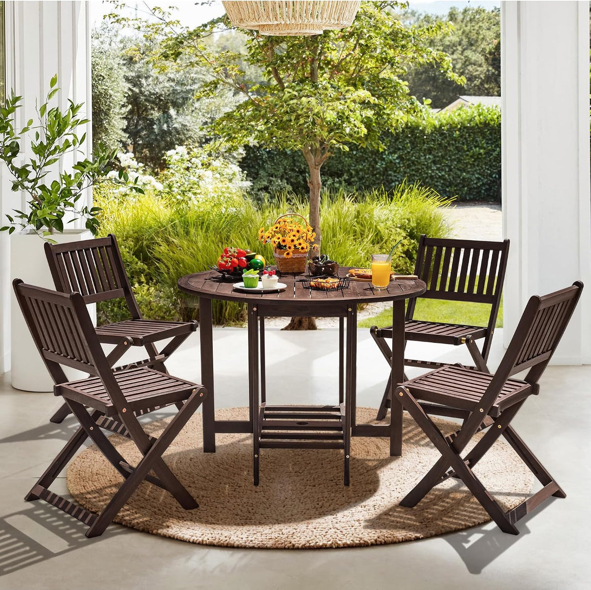 Devoko 5 PCS Patio Furniture, Patio Dining Set Acacia Wood Outdoor Table and Chairs, with 4 Folding Chairs and 37" Round Movable Table, Outdoor Dining Set for Lawn, Balcony, Garden (Deep Brown)