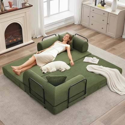 GarveeHome 79" Convertible Sleeper Sofa Bed Couch, 4-in-1 Corduroy Folding Sofa Bed with Pillow & Fixed-Shape, Floor Mattress Couch Loveseat for Living Room Apartments - No Assembly, Green