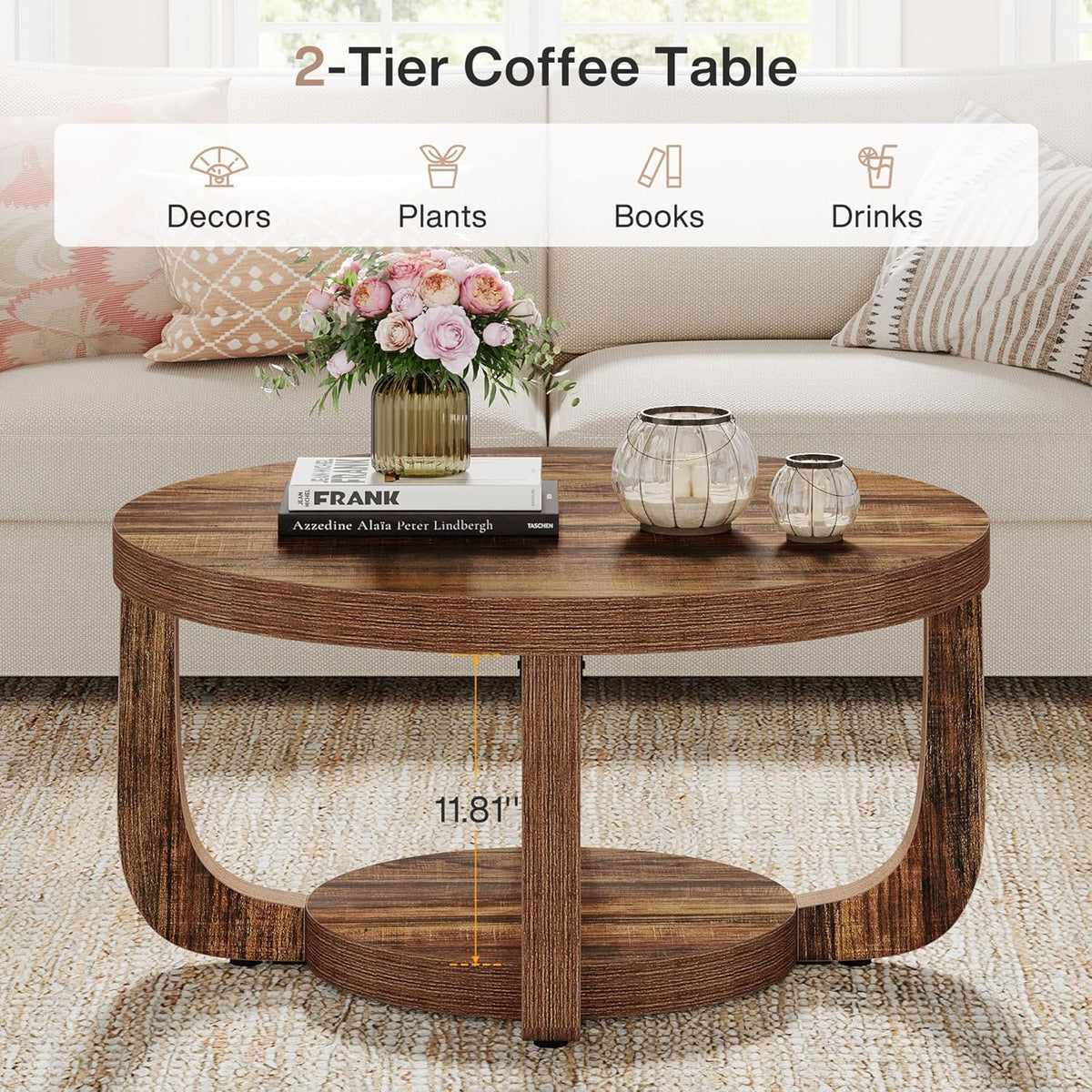Tribesigns Round Coffee Table, 2-Tier Circle Coffee Table with Storage, Modern Wooden Accent Center Table for Living Room, Thick Tabletop & Base, Dark Brown