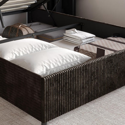 Queen Wingback Velvet Upholstered Platform Lift-Up Storage Bed, Vertical Stitching Design, Brown