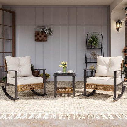 LAUSAINT HOME 3-Piece Rocking Bistro Set, Outdoor Patio Furniture with Thick Cushions and 2-Tier Coffee Table, Oversize Rattan Conversation Set for Garden, Balcony, Backyard (Beige)