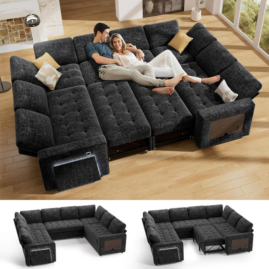 Vipbear 8 Seat U Shaped Modular Sectional Sleeper Sofa with Pull Out Bed/Reclining Backrest/USB Ports/Table/LED Light/Storage Seat, Sectional Sleeper Couch, Tool-Free Assembly, Chenille Black
