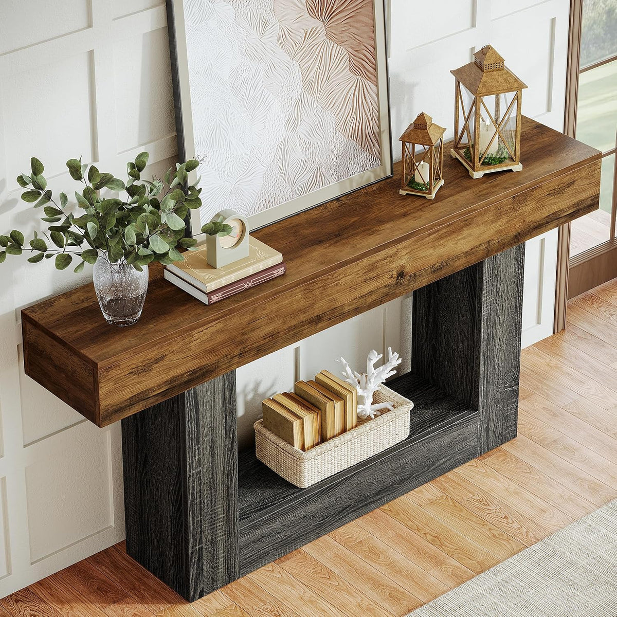 Tribesigns 63-Inch Long Console Table, 2-Tier Entryway Table Sofa Table with Storage, Farmhouse Wood Behind Couch Tables for Living Room, Hallway, Rustic Brown & Gray