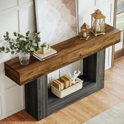 Tribesigns 63-Inch Long Console Table, 2-Tier Entryway Table Sofa Table with Storage, Farmhouse Wood Behind Couch Tables for Living Room, Hallway, Rustic Brown & Gray
