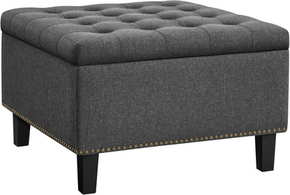 Yaheetech 28in Square Storage Ottoman Coffee Table with Nailhead, Dark Gray | Button-Tufted Linen-Look Fabric Bench, 3.2C Storage Space, Wood Legs, Metal Hinges, for Bedroom Foot of Bed Living Room