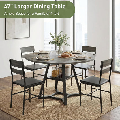 knoworld 51" Round Dining Table for 4-6, Kitchen Table with Storage Shelf, Heavy Duty Circle Pedestal Table for Small Spaces, Farmhouse Wood Dinner Table,Grey