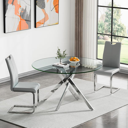 47.25 Inch Round Glass Dining Table Set for 2, Modern 3 Piece Dining Room Table Set with 2 Grey Leather Upholstered Chairs, Glass Kitchen Table and Chairs Set with Silver Metal Legs for Dining Room
