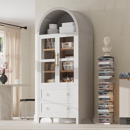 Merax 71'' Tall Arched Kitchen Pantry Cabinet, Farmhouse Kitchen Storage Cabinets with 2 Large Drawers and Adjustable Shelves, Versatile Cupboard for Kitchen, Dining Room, Bathroom,White
