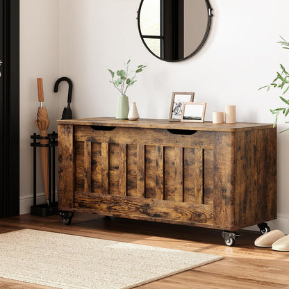 GarveeHome Storage Chest, 39.4" Wooden Storage Bench with 4 Wheels (Brown) | Blanket Chest with 2 Safety Hinges, Round Corner, Supports 350 LBS, Storage Trunk for Entryway, Living Room, Bedroom