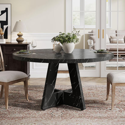 Tribesigns 47 inch Round Dining Table Wood Kitchen Table for Dining Room, 47" Dinner Room Tables for 4-6, Farmhouse Accent Furniture with Wooden Tabletop and Cross Base, Marbled Wood