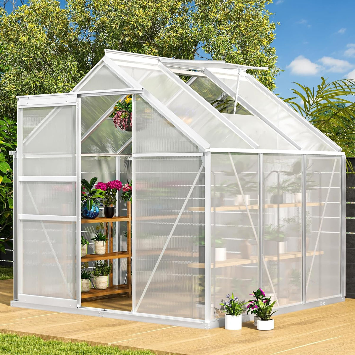 DWVO 6x6FT Polycarbonate Greenhouse for Outdoors, Large Heavy Duty Aluminum Greenhouses with Sliding Doors and Vent Window, Walk-in Greenhouse Large Sun House for Garden Backyard, Silver