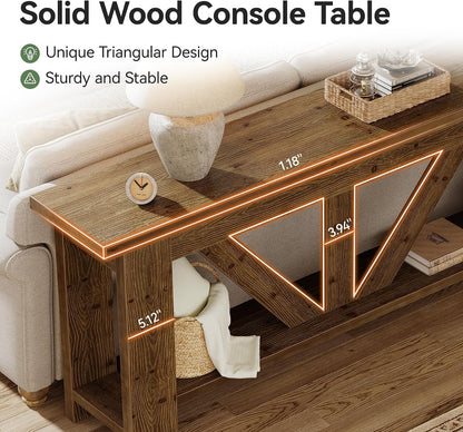Solid Wood Sofa Table, 70.9 Inches Extra Long Console Table with 2 Tiers Storage Shelves, Rustic Entryway Table Behind Couch Table for Living Room, Hallway, Foyer, Brown