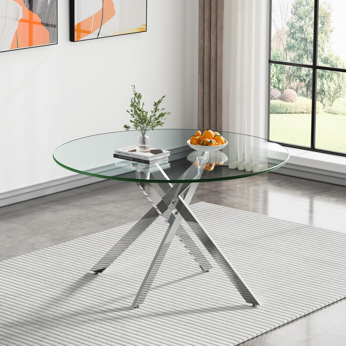47.25 Inch Round Glass Dining Table Set for 2, Modern 3 Piece Dining Room Table Set with 2 Grey Leather Upholstered Chairs, Glass Kitchen Table and Chairs Set with Silver Metal Legs for Dining Room