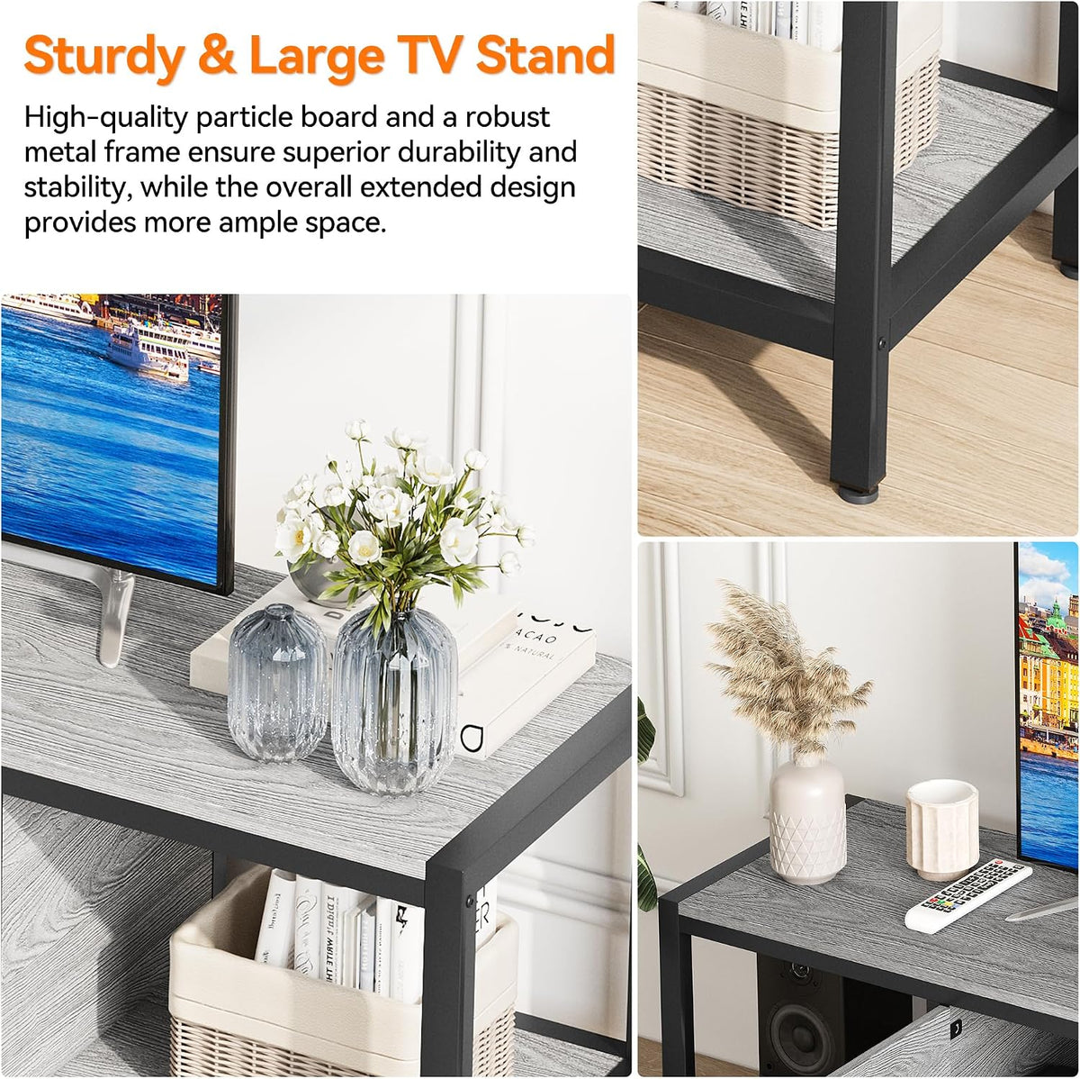 GarveeHome 58 in TV Stand with Storage, Entertainment Center with Adjustable Legs, TV Console up to 65 in, Wooden TV Stand with Open Shelves for Living Room, Bedroom, Light Grey