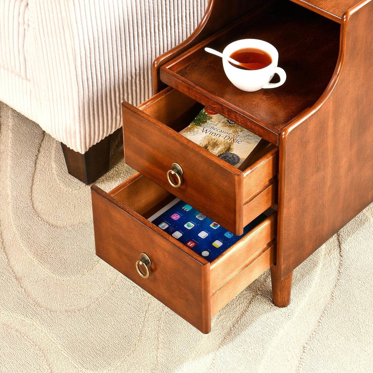 Narrow End Side Table with 2 Drawers and Pull-Out Tray, No-Tools Assembly Sofa Beside Table for Living Room, Slim Side Table with Solid Wood Legs, 11.8”W x 21.6”L x 22.9”H Caramel Brown BG-A1359-MG