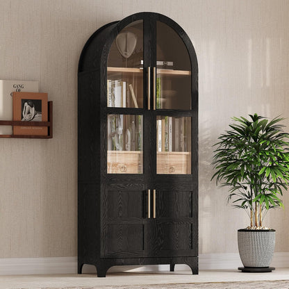 71" Tall Arched Pantry Cabinet with Glass Doors and Adjustable Shelves, Farmhouse Arched Pantry Cabinet with Drawer for Kitchen, Dining Room, Living Room, Bathroom, Black