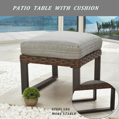 LOKATSE HOME Patio Ottoman Wicker Outdoor Footstool Rest Small Seat Rattan Furniture Cushioned Coffee Table Steel U-Shape Legs for Garden Yard Lawn Deck Poolside