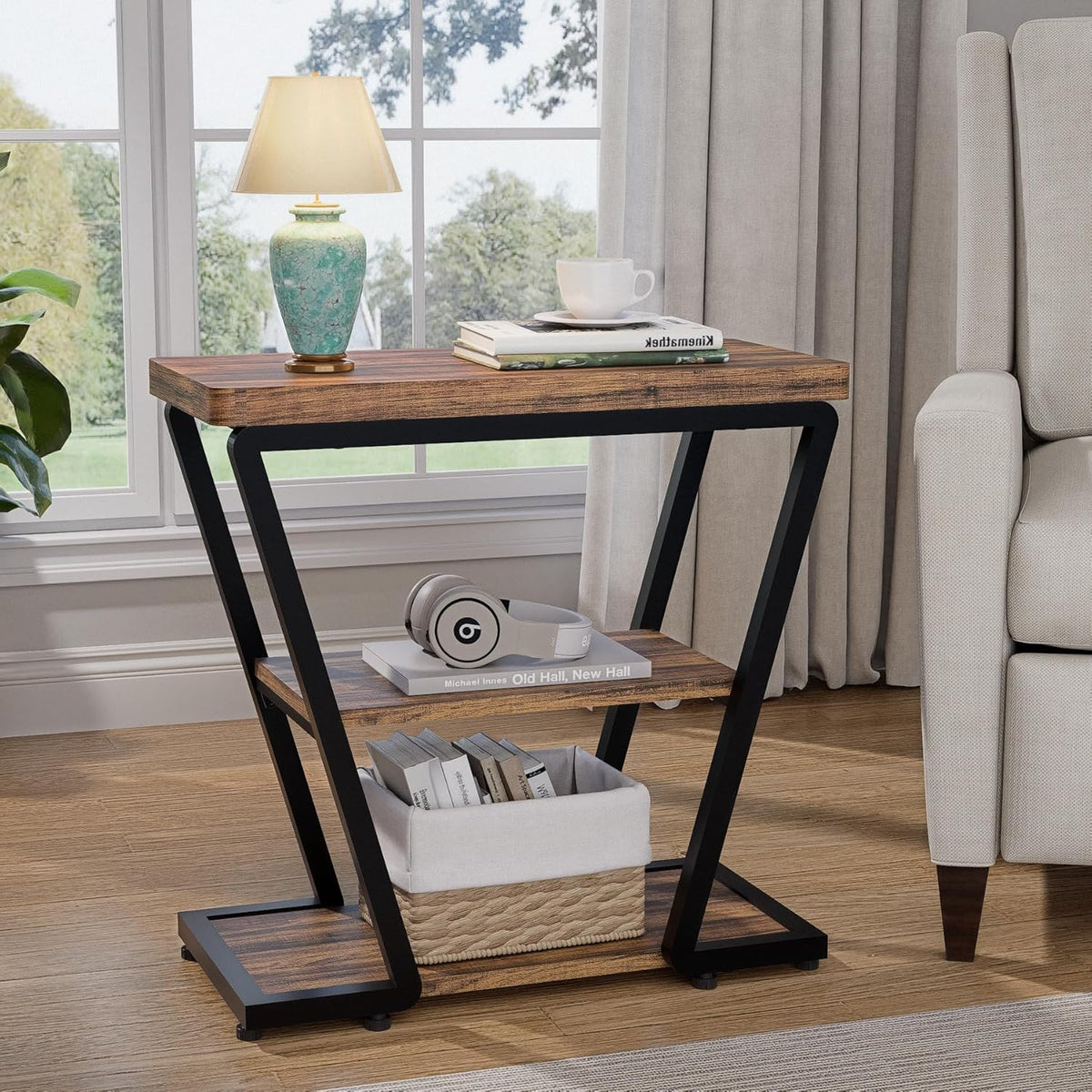 Narrow End Table for Small Spaces, 3-Tier Sofa Side Table with Storage Shelf, Wood and Metal Nightstand for Living Room Bedroom, Rustic Brown