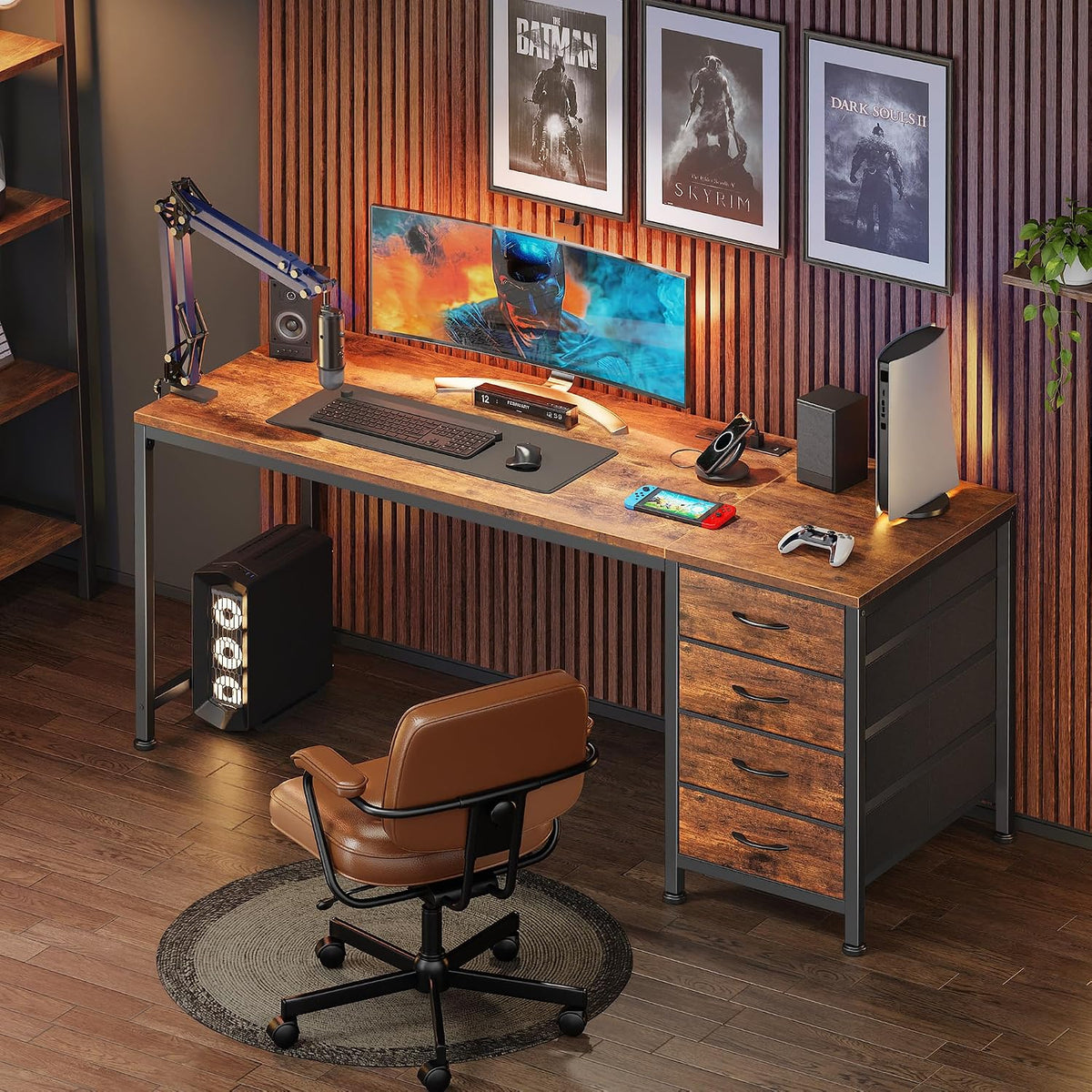 PRAISUN 55.1 Inch Computer Office Desk with Power Outelts and USB-C Port, Reversible Gaming Desk with 4 Fabric Drawers, Work Study Desk Work from Home, Rustic Brown
