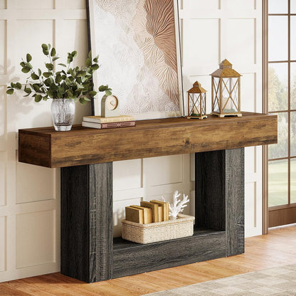 Tribesigns 63-Inch Long Console Table, 2-Tier Entryway Table Sofa Table with Storage, Farmhouse Wood Behind Couch Tables for Living Room, Hallway, Rustic Brown & Gray