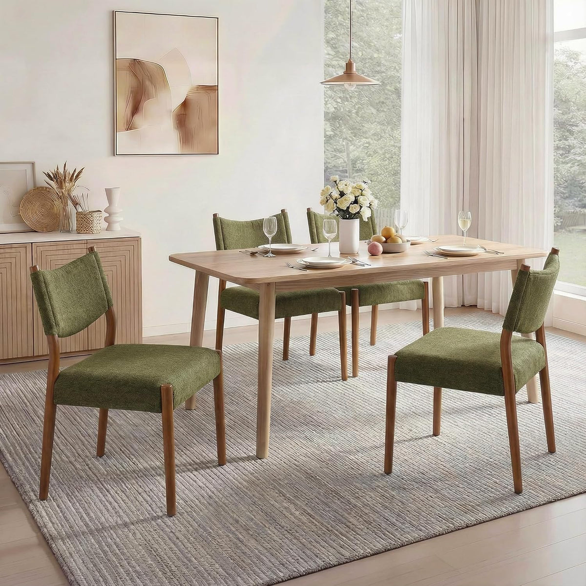 KISLOT Dining Chairs Set of 2, Ergonomic Upholstered Wood Chairs, Green | Mid Century Modern Dining Room Chairs, Ergonomic Farmhouse Kitchen Chairs with Solid Rubber Wood Frame, Antique Walnut Leg