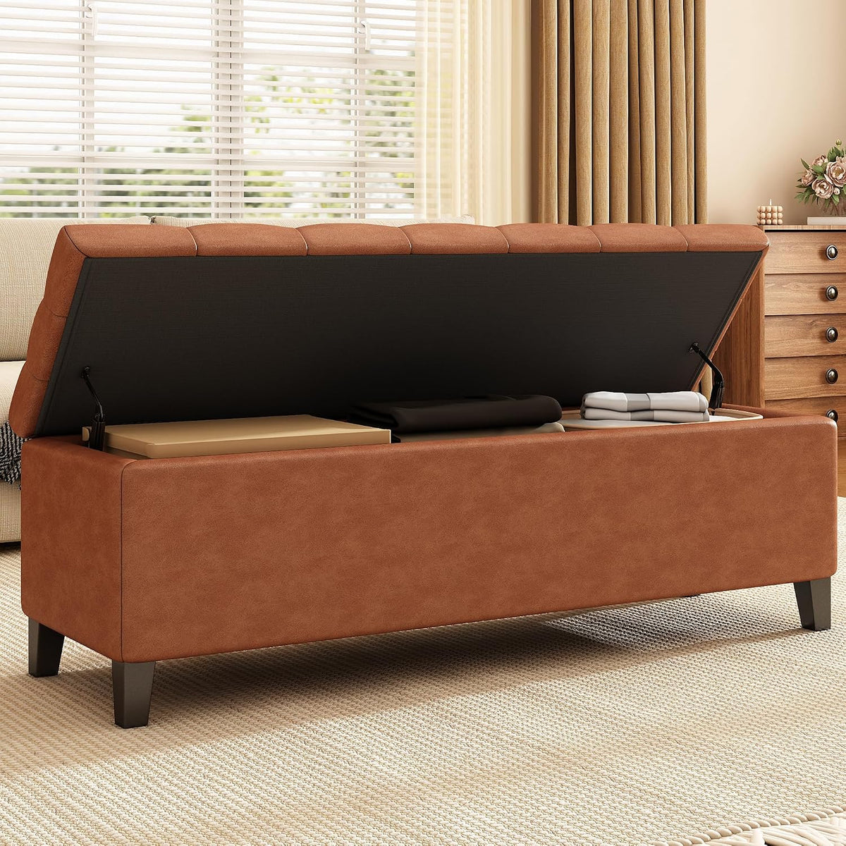 PU Storage Ottoman Bench - Leather Storage Bench End of Bed with Safety Hinges, Tufted Ottoman for Living, Dining Room, Entryway and Hallway, Brown