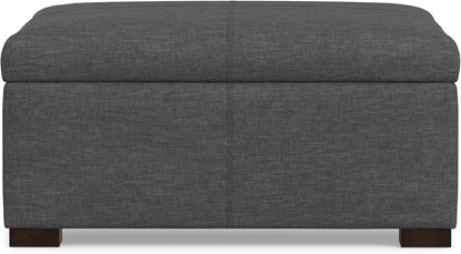 SIMPLIHOME Gabbie 36" Wide Linen Look Fabric Storage Ottoman in Slate Grey | Contemporary ottoman with lift-top storage; rectangle storage bench for living room, bedroom, and entryway.