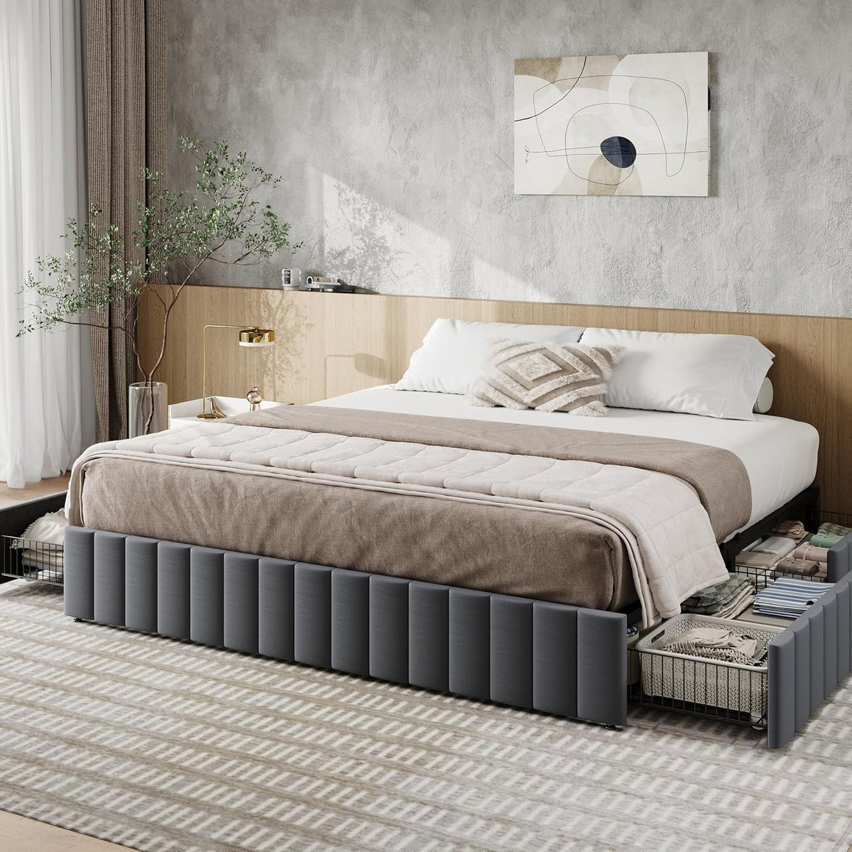 Allewie King Size Platform Bed Frame with 4 Large Storage Drawers, Velvet Vertical Channel Tufted Upholstered Bed Base, Wooden Slats Support, Noise-Free, No Box Spring Needed, Easy Assembly, Grey