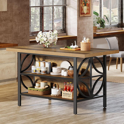Tribesigns 62.99-Inch Kitchen Island with Storage, Kitchen Island Table with 2 Shelves and Large Worktop, Industrial Bar Table, Easy to Assemble, Rustic Brown (Stools Not Included)