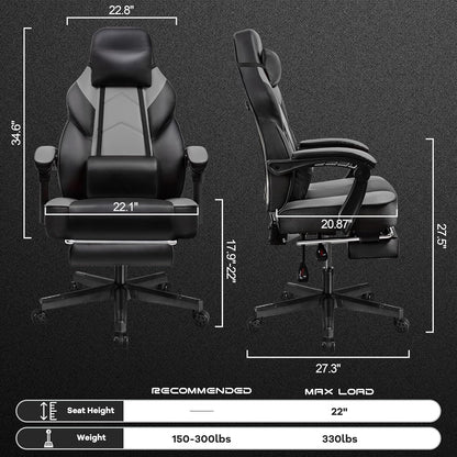 Gaming Chair for Adult, Computer Chair with Footrest Video Game Chair Big and Tall Gaming Chair with Massage Lumbar Support, Adjustable Height and 360° Swivel Seat(Grey)