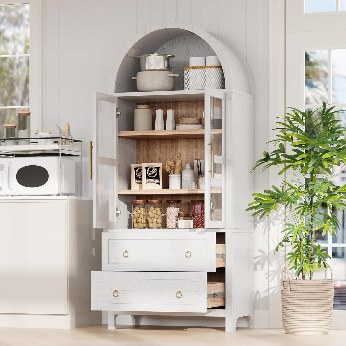 Tall Arched Pantry Cabinet with Glass Doors,White Kitchen Pantry with Adjustable Shelves,Arched Display Cabinet,for Kitchen, Dining Room
